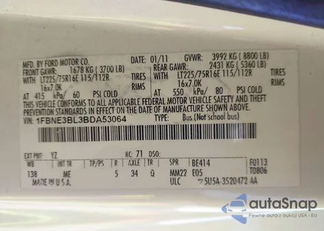 2011 Ford E-350 Super Duty Xlt z USA, uszkodzony, nr VIN 1FBNE3BL3BDA53064